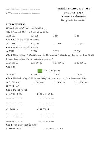 Đề kiểm tra học kì 2 môn Toán Lớp 3 Sách Kết nối tri thức với cuộc sống - Đề số 7 (Có đáp án)