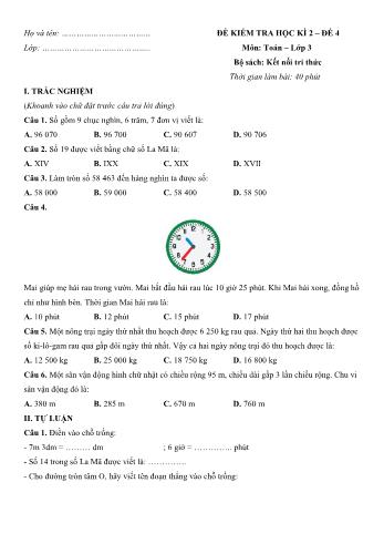Đề kiểm tra học kì 2 môn Toán Lớp 3 Sách Kết nối tri thức với cuộc sống - Đề số 4 (Có đáp án)