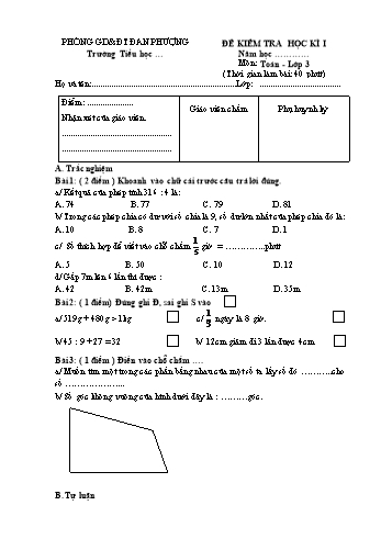 Đề kiểm tra học kì I môn Toán Lớp 3 - Năm học 2021-2022 - Trường Tiểu học Đan Phượng