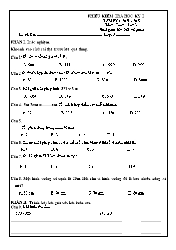Đề kiểm tra học kỳ I môn Toán Lớp 3 - Năm học 2021-2022 (Có đáp án)