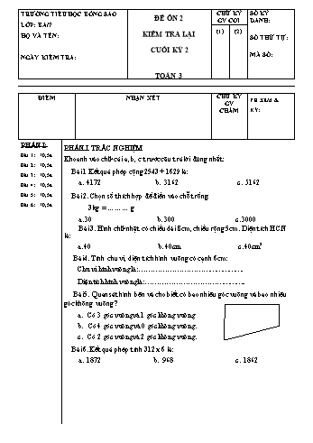 Đề ôn tập kiểm tra cuối kỳ 2 môn Toán Lớp 3 - Trường Tiểu học Bông Sao