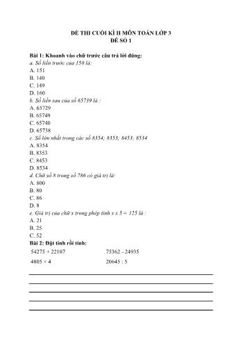 Đề thi cuối học kì II môn Toán Lớp 3 - Đề số 1 (Có đáp án)