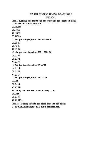 Đề thi cuối học kì II môn Toán Lớp 3 - Đề số 2 (Có đáp án)