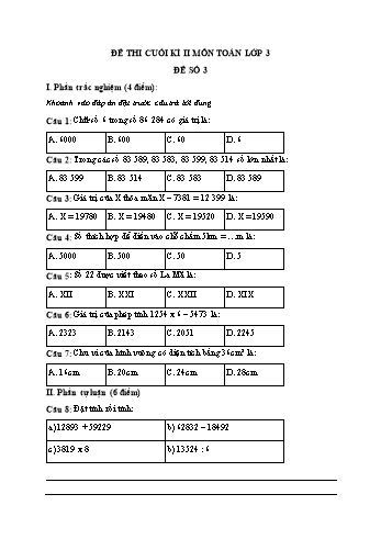 Đề thi cuối học kì II môn Toán Lớp 3 - Đề số 3 (Có đáp án)