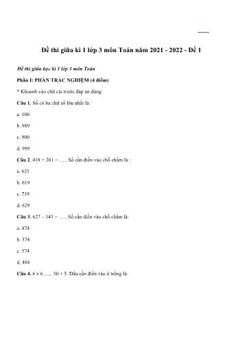 Đề thi giữa học kì 1 môn Toán Lớp 3 - Năm học 2021-2022 - Đề 1