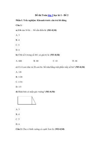 Đề thi học kì 1 môn Toán Lớp 3 - Năm học 2021-2022 - Đề 2 (Có đáp án)