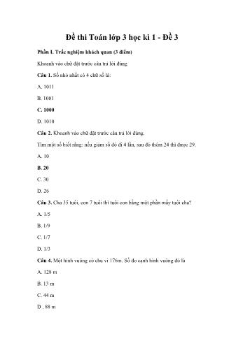 Đề thi học kì 1 môn Toán Lớp 3 - Năm học 2021-2022 - Đề 3 (Có đáp án)