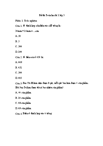 Đề thi học kì 1 môn Toán Lớp 3 Sách Cánh diều - Đề 1