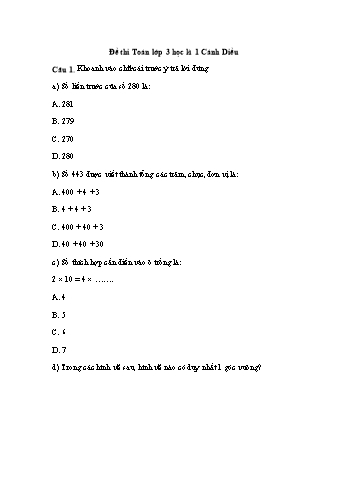 Đề thi học kì 1 môn Toán Lớp 3 Sách Cánh diều - Đề 3