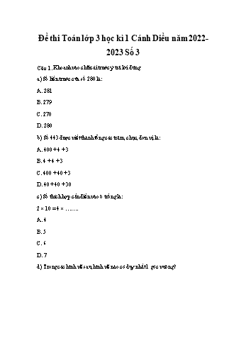 Đề thi học kì 1 môn Toán Lớp 3 Sách Cánh diều - Năm học 2022-2023 - Đề số 3 (Có đáp án)