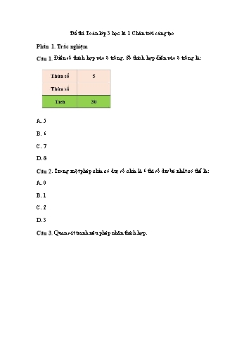 Đề thi học kì 1 môn Toán Lớp 3 Sách Chân trời sáng tạo - Đề 3