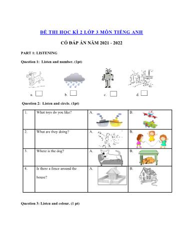 Đề thi học kì 2 môn Tiếng Anh Lớp 2 - Năm học 2021-2022 - Đề 2 (Có file nghe + đáp án)