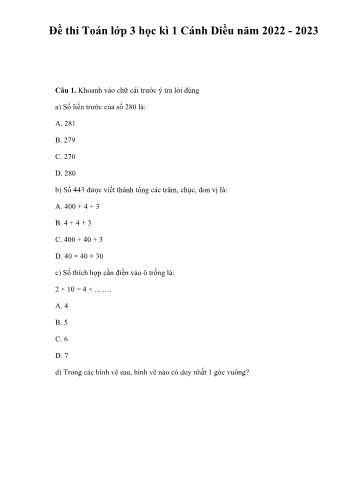 Đề thi số 3 học kì 1 môn Toán Lớp 3 Sách Cánh diều - Năm học 2022-2023 (Có đáp án)