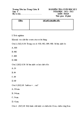 Bài kiểm tra cuối học kì 1 môn Toán Lớp 3 - Năm học 2021-2022 - Trường Tiểu học Trung Châu B (Có đáp án)