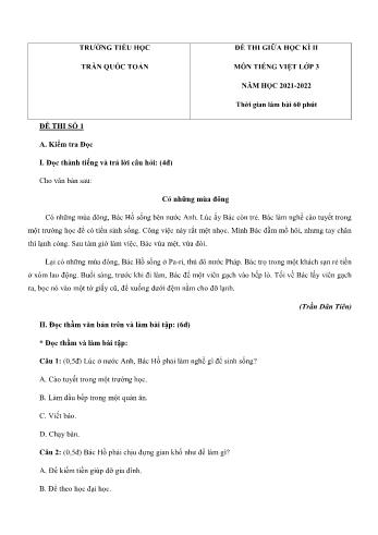 Bộ 3 đề thi giữa học kì II môn Tiếng Việt Lớp 3 - Năm học 2021-2022 - Trường Tiểu học Trần Quốc Toản (Có đáp án)