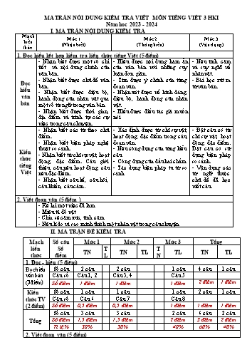 Bài kiểm tra chất lượng học kỳ I môn Tiếng Việt Lớp 3 - Năm học 2023-2024 (Có ma trận + đáp án)