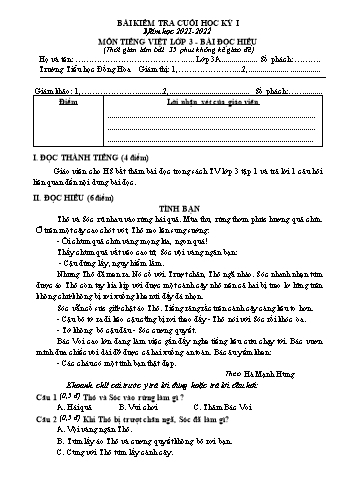 Bài kiểm tra cuối học kỳ I môn Tiếng Việt Lớp 3 - Năm học 2021-2022 - Trường Tiểu học Đồng Hòa (Có đáp án)