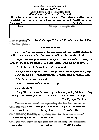 Bài kiểm tra cuối học kỳ I môn Tiếng Việt Lớp 3 - Năm học 2022-2023 - Trường Tiểu học Đồng Hòa (Có đáp án)