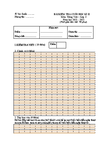 Bài kiểm tra cuối kỳ II môn Tiếng Việt Lớp 3 - Năm học 2021-2022 - Trường Tiểu học Hùng Tiến (Có đáp án)