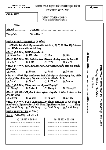 Đề kiểm tra định kỳ cuối học kỳ II môn Toán Lớp 3 - Năm học 2022-2023 - Trường Tiểu học Chu Minh (Có đáp án)