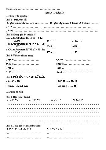 Phiếu bài tập môn Toán Lớp 3 - Tuần 19