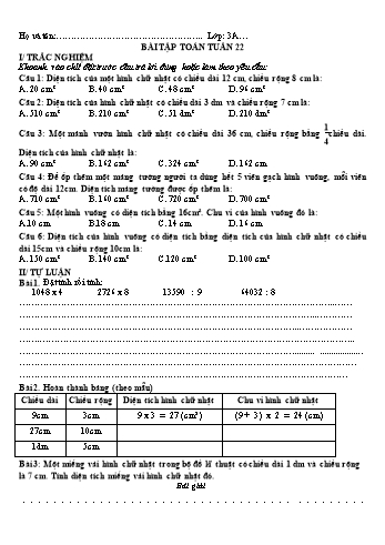 Phiếu bài tập môn Toán Lớp 3 - Tuần 22