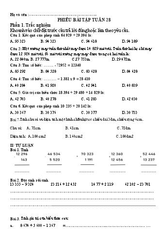 Phiếu bài tập môn Toán Lớp 3 - Tuần 28