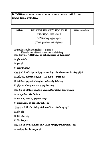 Bài kiểm tra cuối học kỳ II môn Công nghệ Lớp 3 - Năm học 2022-2023 - Trường Tiểu học Chu Minh (Có đáp án)