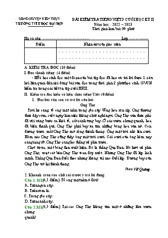 Bài kiểm tra cuối học kỳ II môn Tiếng Việt Lớp 3 - Năm học 2022-2023 - Trường Tiểu học Đại Hợp (Có đáp án)