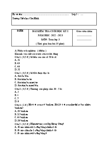Bài kiểm tra cuối học kỳ II môn Toán Lớp 3 - Năm học 2022-2023 - Trường Tiểu học Chu Minh (Có đáp án)