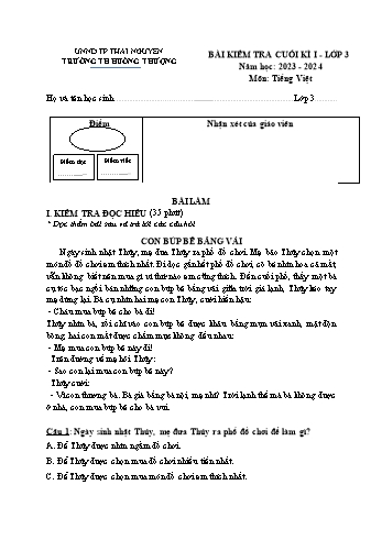 Bài kiểm tra cuối kì I môn Tiếng Việt Lớp 3 (Cánh diều) - Năm học 2022-2023 - Trường Tiểu học Huống Thượng (Có đáp án)