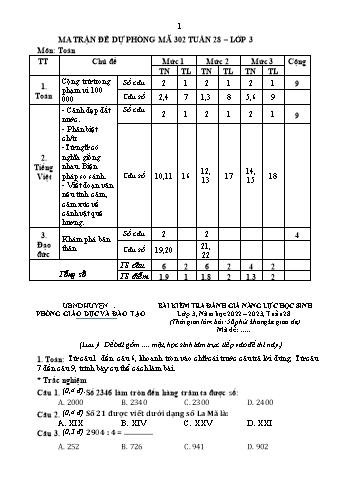 Bài kiểm tra đánh giá năng lực học sinh môn Toán, Tiếng Việt Lớp 3 (Dự phòng) - Năm học 2022-2023 - Mã đề 302 (Có đáp án)