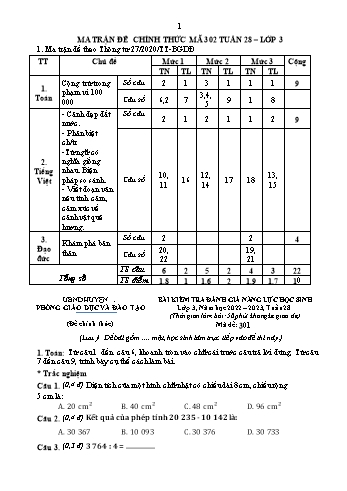 Bài kiểm tra đánh giá năng lực học sinh môn Toán, Tiếng Việt Lớp 3 - Năm học 2022-2023 - Mã đề 302 (Có đáp án)