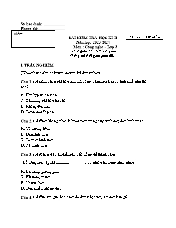 Bài kiểm tra học kì I, II môn Công nghệ Lớp 3 - Năm học 2023-2024 (Có đáp án)