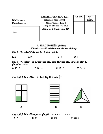 Bài kiểm tra học kì I môn Toán Lớp 3 - Năm học 2023-2024 (Có đáp án)