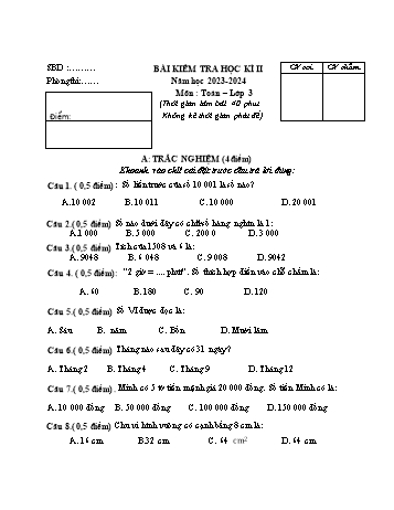 Bài kiểm tra học kì II môn Toán Lớp 3 - Năm học 2023-2024 - Đề 1