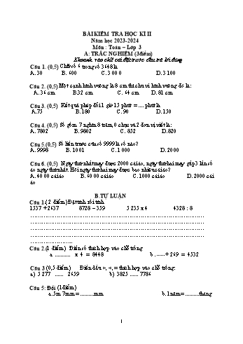 Bài kiểm tra học kì II môn Toán Lớp 3 - Năm học 2023-2024 - Đề 2