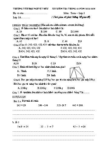 Bài kiểm tra tháng 10 môn Toán Lớp 3 - Năm học 2023-2024 - Trường Tiểu học Nguyệt Đức