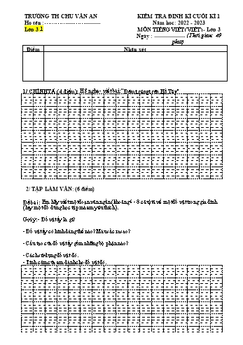 Bộ 6 đề kiểm tra học kì 1 môn Tiếng Việt Lớp 3 (Viết) - Năm học 2021-2022 - Trường Tiểu học Chu Văn An (Có đáp án)