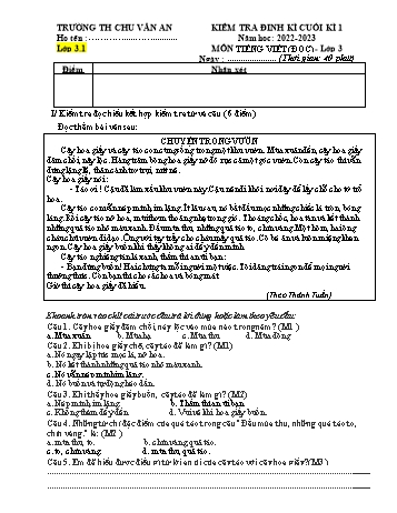 Bộ 6 đề kiểm tra học kì I môn Tiếng Việt Lớp 3 (Đọc) - Năm học 2022-2023 - Trường Tiểu học Chu Văn An (Có đáp án)