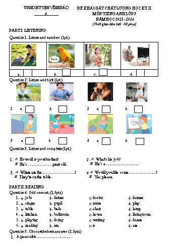 Đề khảo sát chất lượng học kì II môn Tiếng Anh Lớp 3 - Năm học 2023-2024 - Trường Tiểu học Việt Tiến (Có đáp án)
