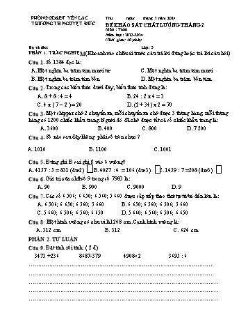 Đề khảo sát chất lượng tháng 2 môn Toán Lớp 3 - Năm học 2023-2024 - Trường Tiểu học Nguyệt Đức