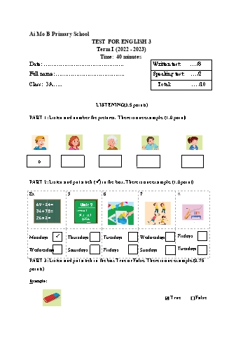 Đề kiểm tra cuối học kì I môn Tiếng Anh Lớp 3 - Năm học 2022-2023 - Trường Tiểu học Ái Mộ B