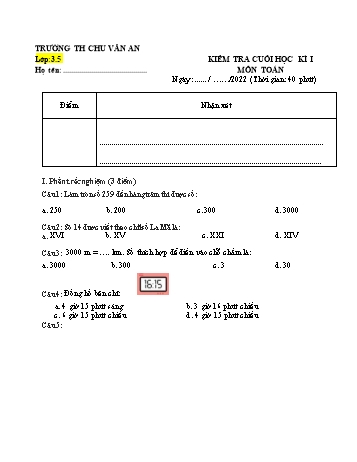 Đề kiểm tra cuối học kì I môn Toán Lớp 3 (Chân trời sáng tạo) - Năm học 2022-2023 - Trường Tiểu học Chu Văn An (Có đáp án)