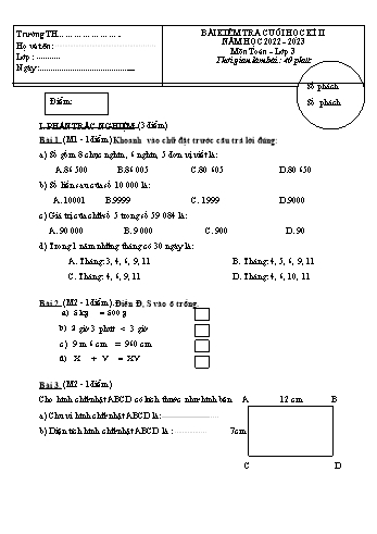 Đề kiểm tra cuối học kì II môn Toán Lớp 3 (Kết nối tri thức và cuộc sống) - Năm học 2022-2023