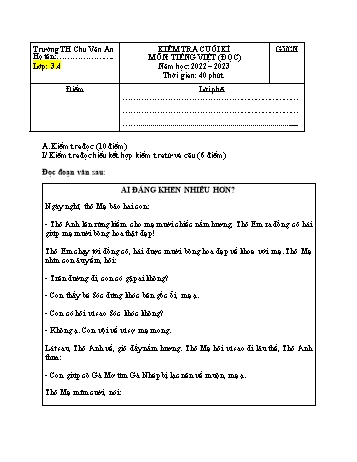 Đề kiểm tra cuối kì I môn Tiếng Việt Lớp 3 (Đọc) - Năm học 2022-2023 - Trường Tiểu học Chu Văn An - Đề 1 (Có đáp án)
