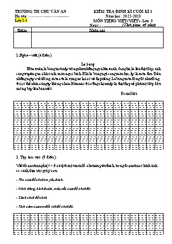 Đề kiểm tra định kì cuối học kì 1 môn Tiếng Việt Lớp 3 (Viết) - Năm học 2021-2022 - Trường Tiểu học Chu Văn An