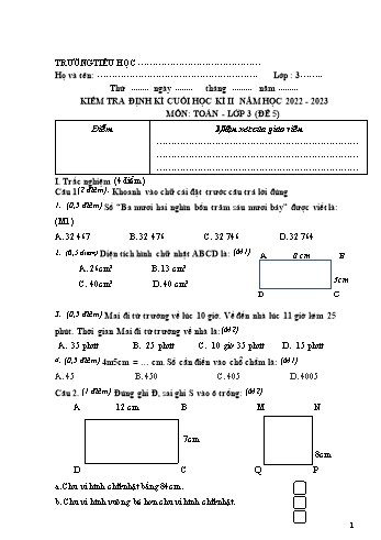 Đề kiểm tra định kì cuối học kì II môn Toán Lớp 3 (Kết nối tri thức và cuộc sống) - Năm học 2022-2023 - Đề 5