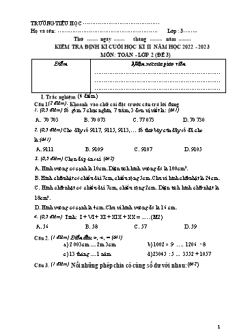 Đề kiểm tra định kì cuối học kì II môn Toán Lớp 3 (Kết nối tri thức và cuộc sống) - Năm học 2022-2023 - Đề 3