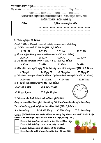 Đề kiểm tra định kì cuối học kì II môn Toán Lớp 3 (Kết nối tri thức và cuộc sống) - Năm học 2022-2023 - Đề 2